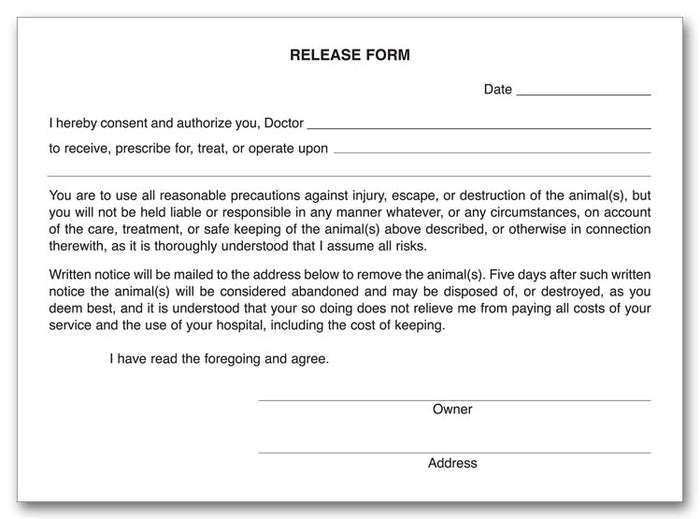 20976 Veterinary Release Form Pads 4 x 5 1/2" QTY 500