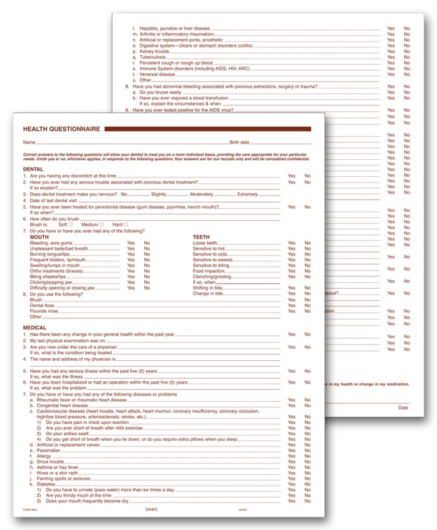 4054 Dental Health History Questionnaires 2 Sided No Hole Punch 8 1/2 x 11" QTY 250