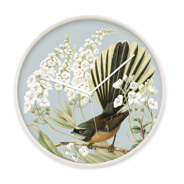 100% New Zealand Fantail and Fiordland Parahebe Clock (32cm) | Koop.co.nz