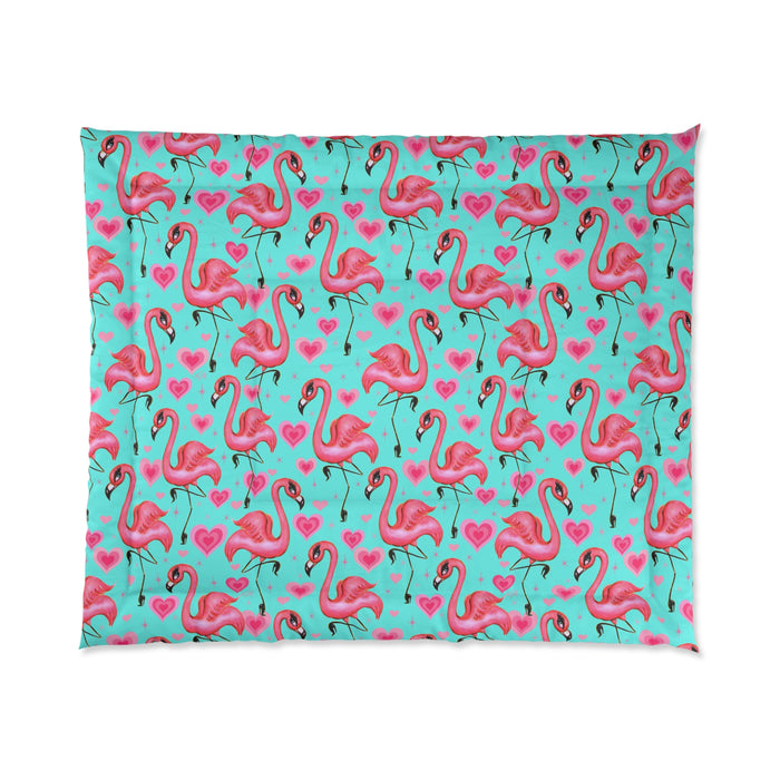 Flamingos and Hearts Aqua • Comforter