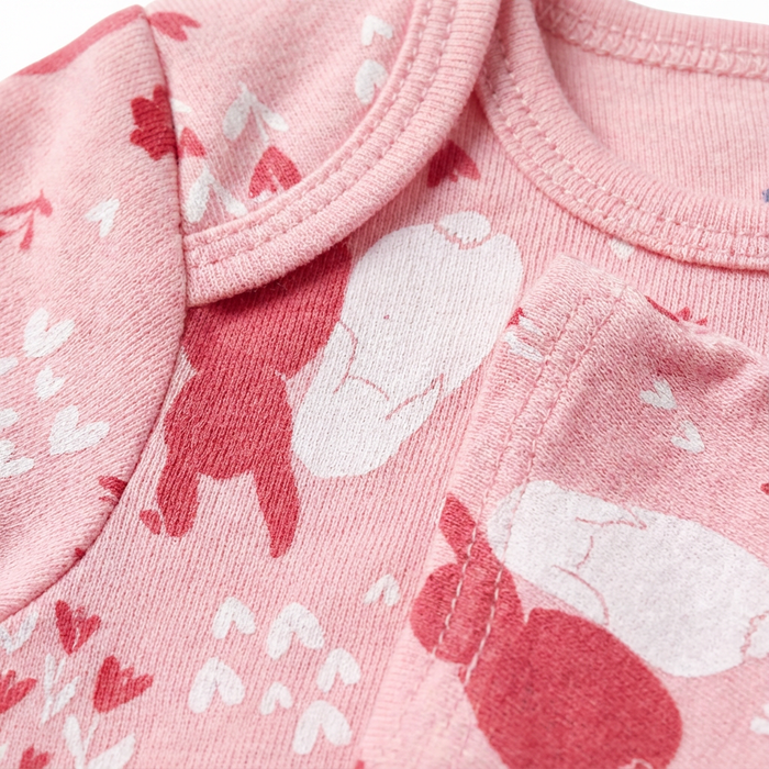 Pink Bunny Print Baby Bodysuit – 100% Cotton Short Sleeve