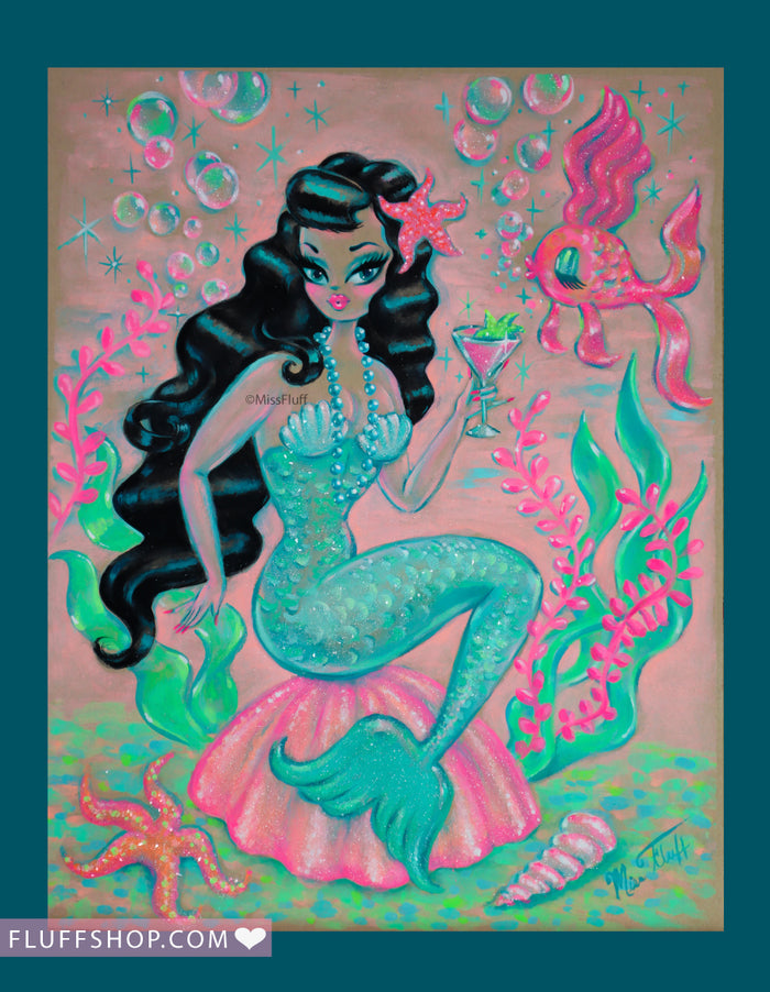 Raven Hair Mermaid with Martini• Original Drawing 11x14