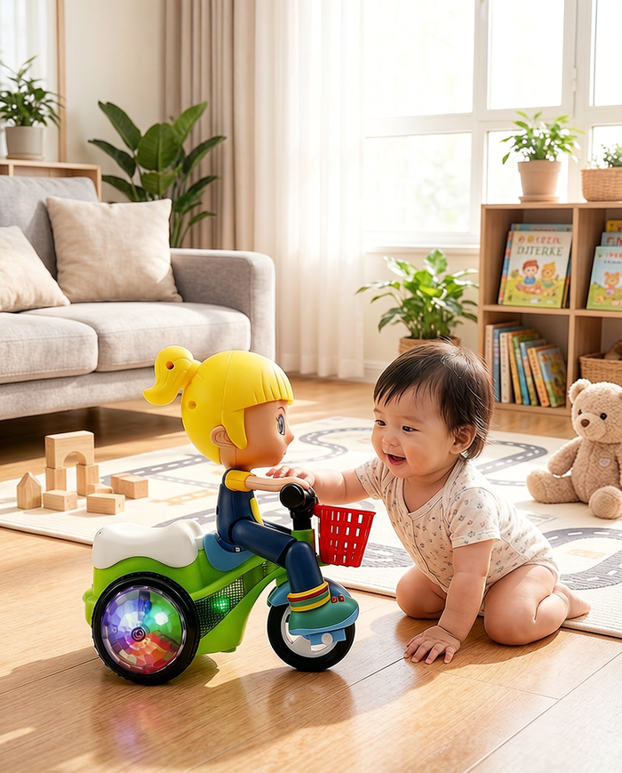 Stunt Tricycle Girl Toy – 360° Rotating Lights & Music (Age 3+)
