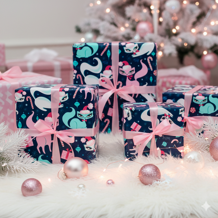 Swanky Kittens Christmas Dark Blue • Gift Wrap Paper 3 Rolls