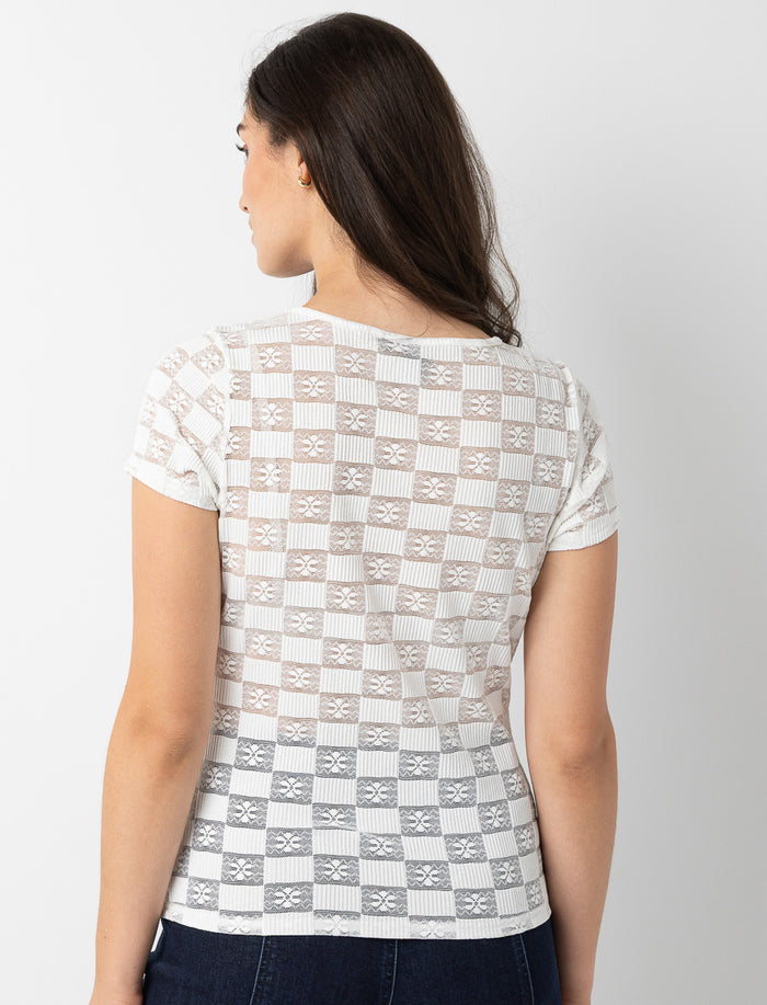T-shirt ajouré à motif carreaux