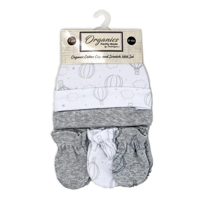 100% Organic Cotton Baby Hats & Mittens Set 0–6M – 2 Caps + 3 Scratch Mitts