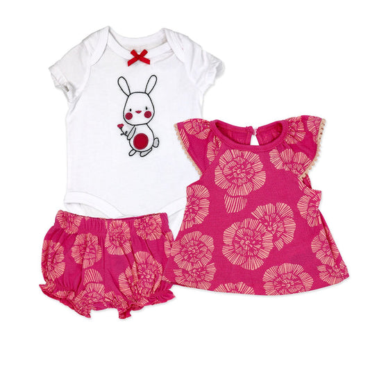 3 Piece Bunny & Floral Baby Girl Dress Set – Bodysuit, Top & Shorts