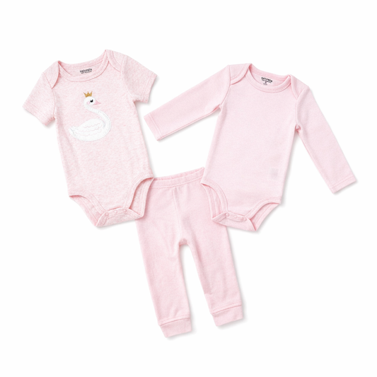 3 Piece Pink Swan Baby Outfit Set – 100% Cotton Bodysuits & Pants