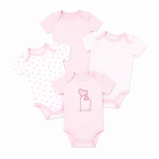 4 Pack Pink Heart Baby Bodysuits – 100% Cotton