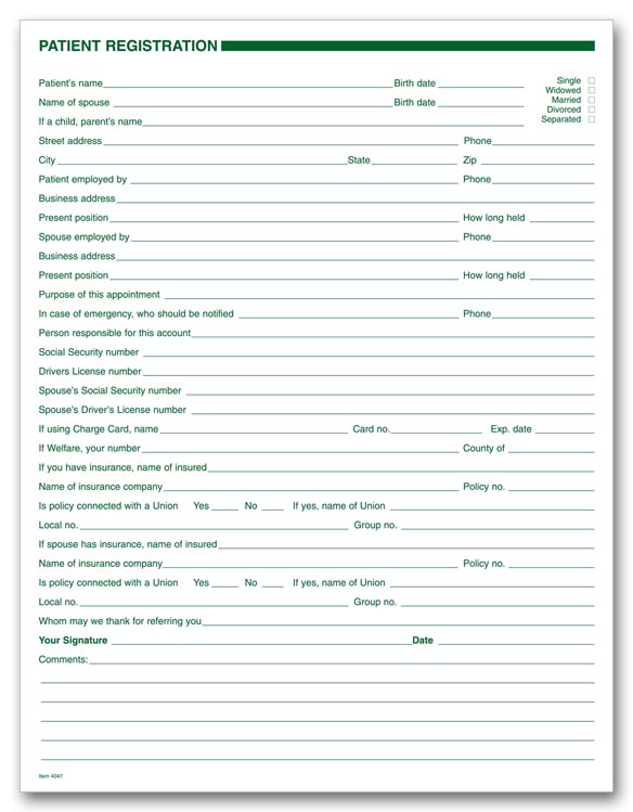 4047 Dental Patient Registration Forms 1 Sided No Hole Punch 7 3/4 x 10" QTY 250