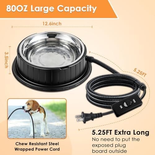55W 80oz Removable Stainless Steel Heated Dog Pet Bowl with Anti Chew Cord Dog Bowls & Feeders Pet Clever