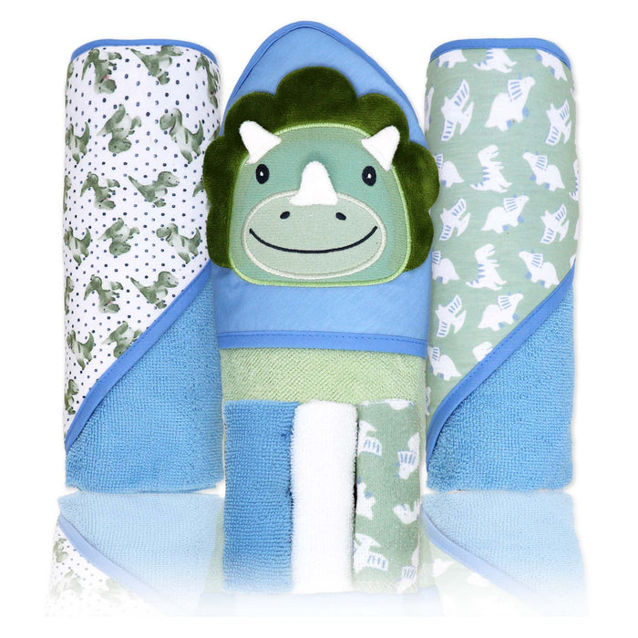 6-Piece Blue Dino Baby Bath Set – 3 Hooded Towels & 3 Washcloths, 100% Polyester