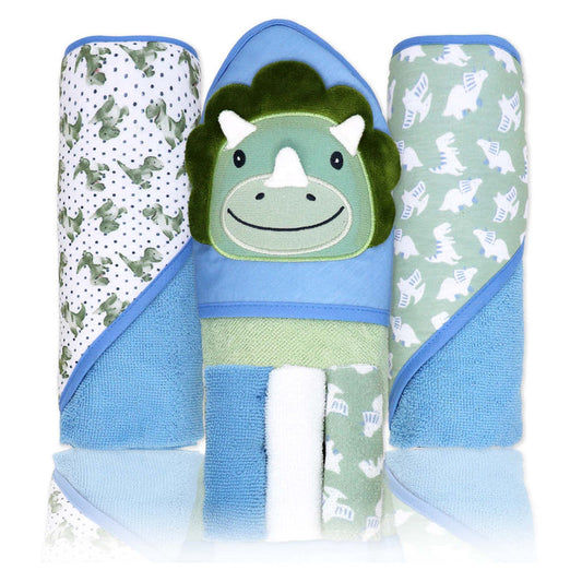 6-Piece Blue Dino Baby Bath Set – 3 Hooded Towels & 3 Washcloths, 100% Polyester