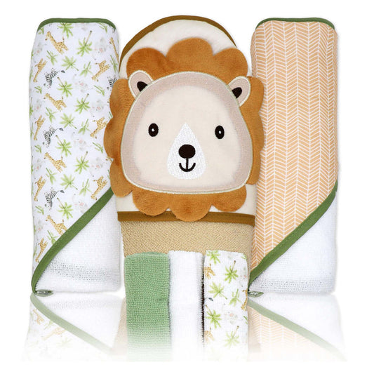 6-Piece Green Lion Baby Bath Set – 3 Hooded Towels, 3 Washcloths & BPA-Free Bath Toys, 100% Polyester