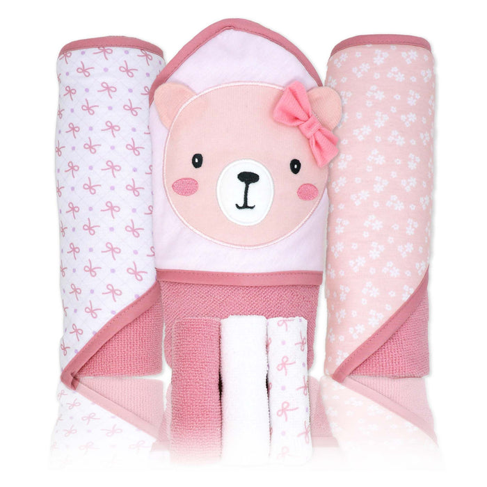 6-Piece Pink Bear Baby Bath Set – 3 Hooded Towels & 3 Washcloths, 100% Polyester