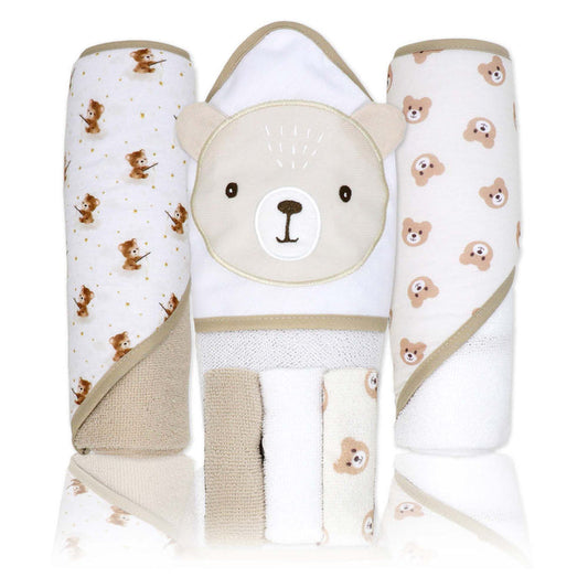 6-Piece Tan Teddy Baby Bath Set – 3 Hooded Towels & 3 Washcloths, 100% Polyester