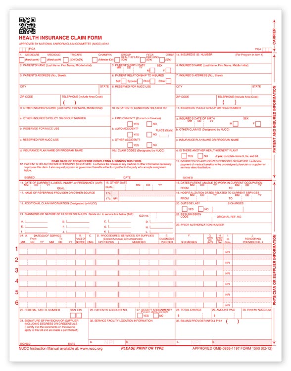 60150X CMS 1500 Laser Sheet Insurance Claim Form 8 1/2 x 11" Qty 500
