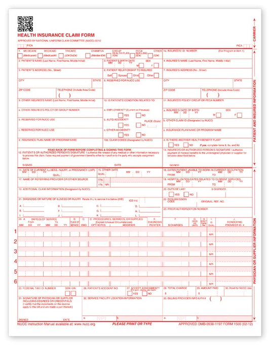 60150X CMS 1500 Laser Sheet Insurance Claim Form 8 1/2 x 11" Qty 500
