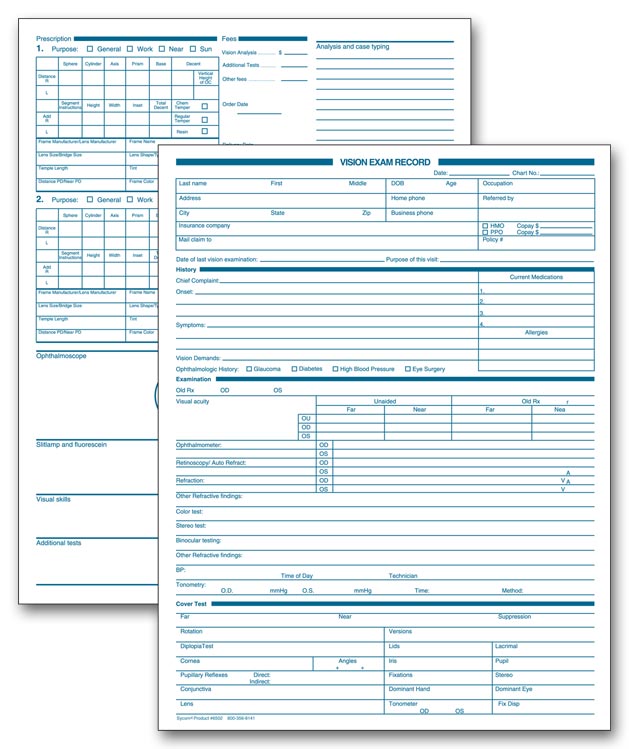 6502 Optometry Vision Exam Records Two Sided White Ledger 8 1/2 x 11" QTY 250
