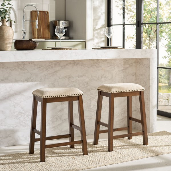 Aero Counter Stool in Brown with Beige Upholstery and Nail Head Trim (Set of 2)