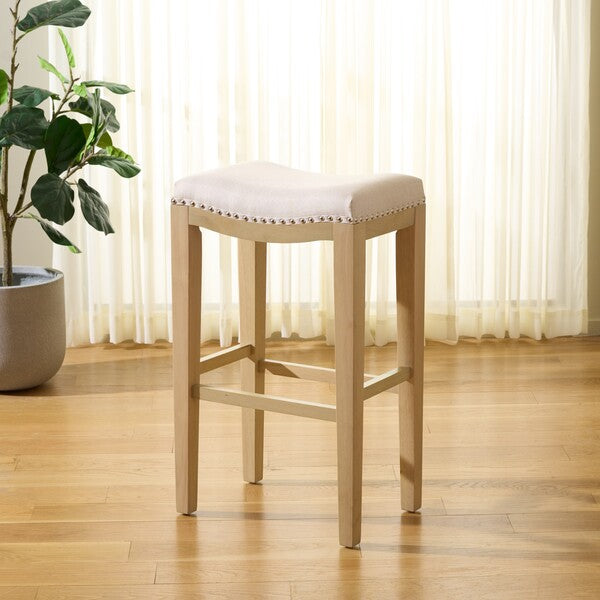 Amabi Bar Stool in Natural with Cream Upholstery and Nail Head Trim