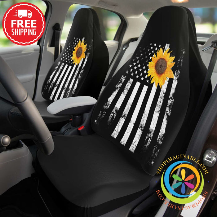 American Flag With Sunflower Car Seat Covers (Pair)-ShopImaginable.com