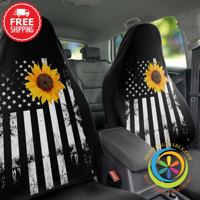 American Flag With Sunflower Car Seat Covers (Pair)-ShopImaginable.com