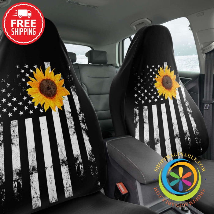 American Flag With Sunflower Car Seat Covers (Pair)-ShopImaginable.com