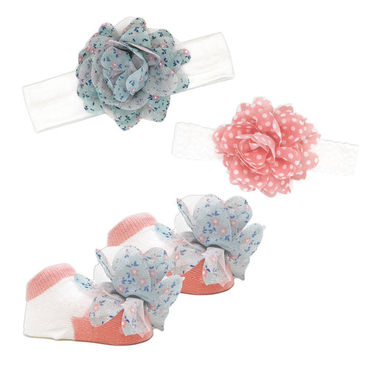 Baby Girl Chiffon Flower Headbands & Socks Set 0–6M – 2 Headbands + 1 Pair Socks
