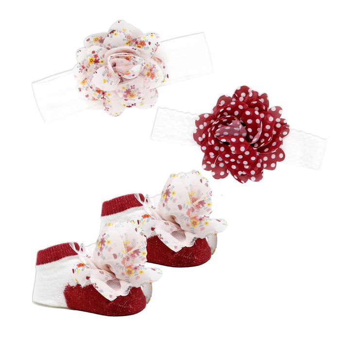 Baby Girl Chiffon Flower Headbands & Socks Set 0–6M – 2 Headbands + 1 Pair Socks