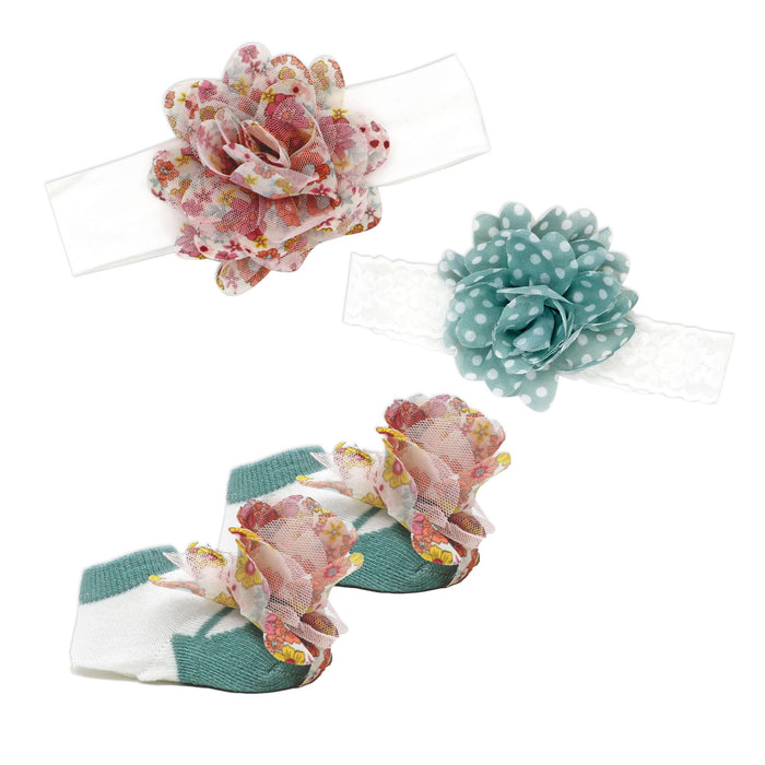 Baby Girl Chiffon Flower Headbands & Socks Set 0–6M – 2 Headbands + 1 Pair Socks