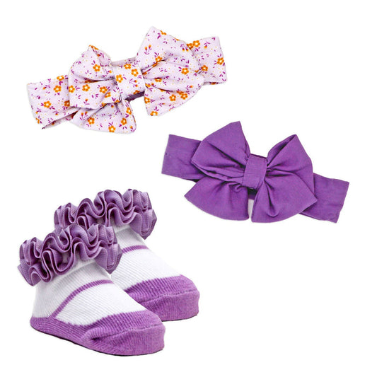 Baby Girl Socks & Headbands Set 0–6M – 2 Cotton Bows + Ruffle Socks