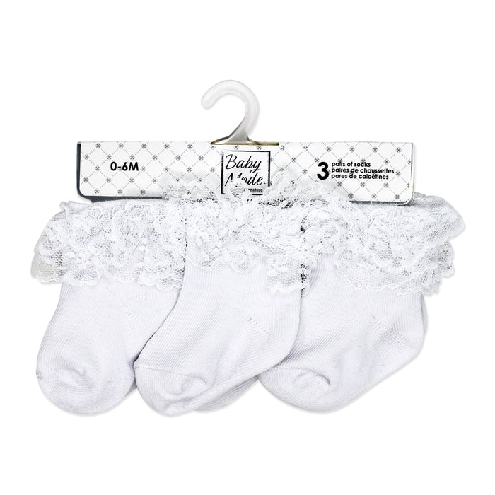 Baby Lace Trim Cuff Socks 3 Pairs – White (0–6M)