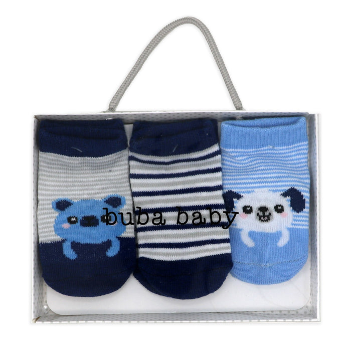 Baby Socks 3-Pack – Blue Bear & Dog (0–6 Months)