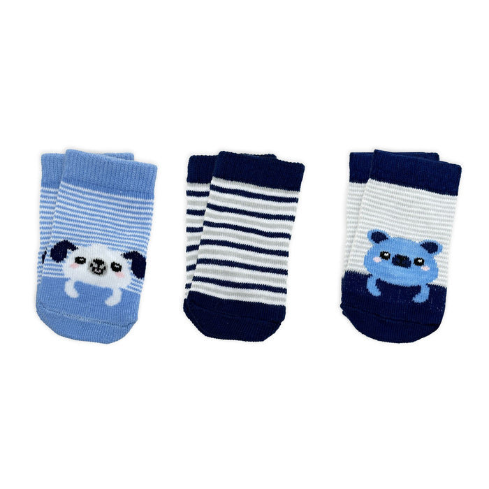 Baby Socks 3-Pack – Blue Bear & Dog (0–6 Months)