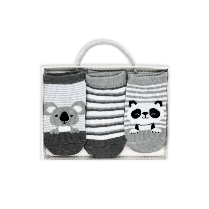 Baby Socks 3-Pack – Grey Koala & Panda (0–6 Months)