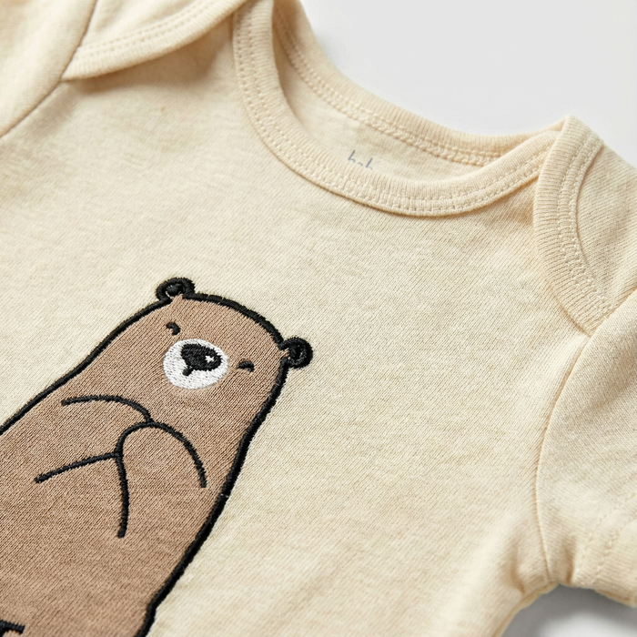 Beige Bear Print Baby Bodysuit – Short Sleeve 100% Cotton