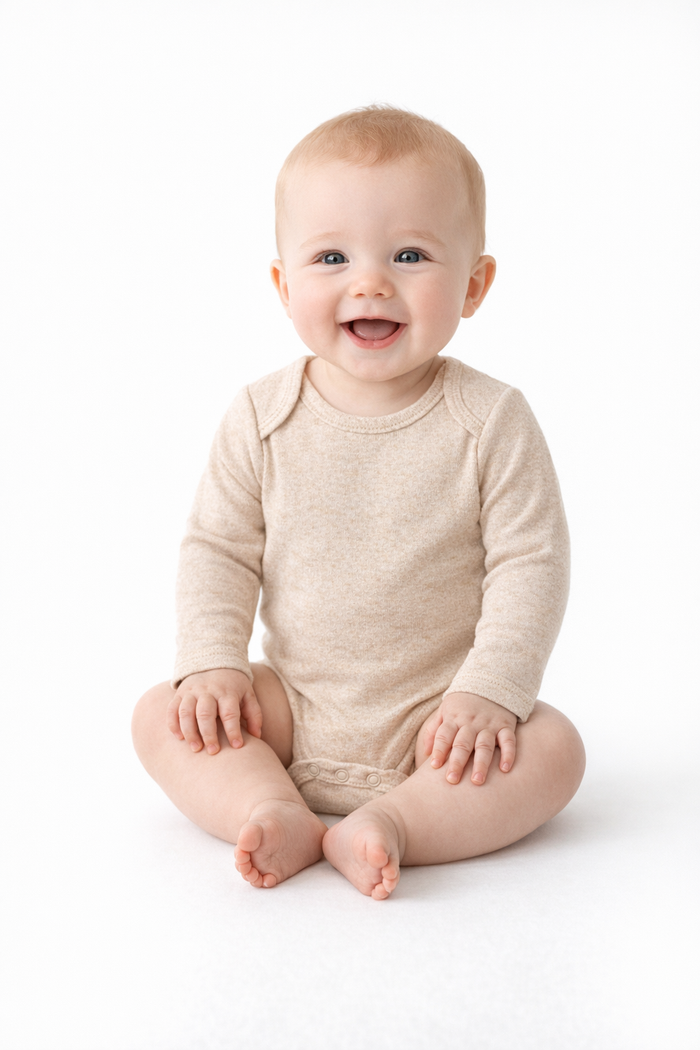 Beige Long Sleeve Baby Bodysuit – 100% Cotton