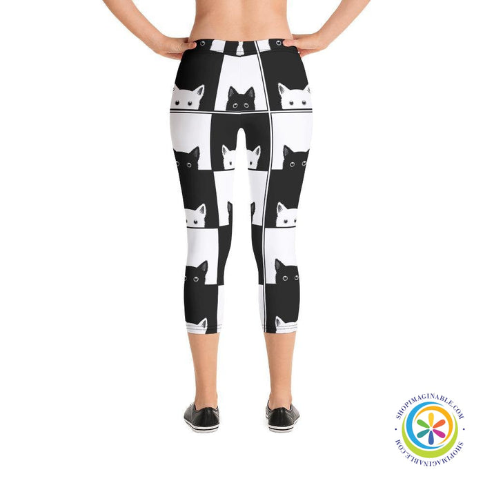 Black & White Cat Capri Leggings-ShopImaginable.com