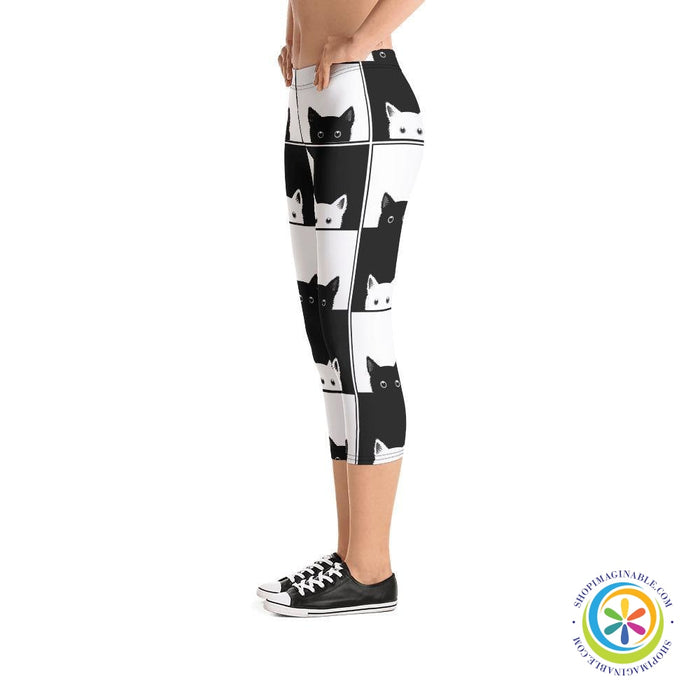 Black & White Cat Capri Leggings-ShopImaginable.com