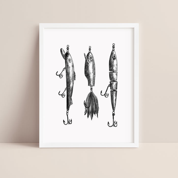 Black + White Fly Fishing Lures Illustration  - Art Print or Canvas - Jetty Home