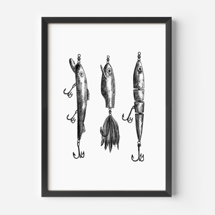 Black + White Fly Fishing Lures Illustration - Jetty Home