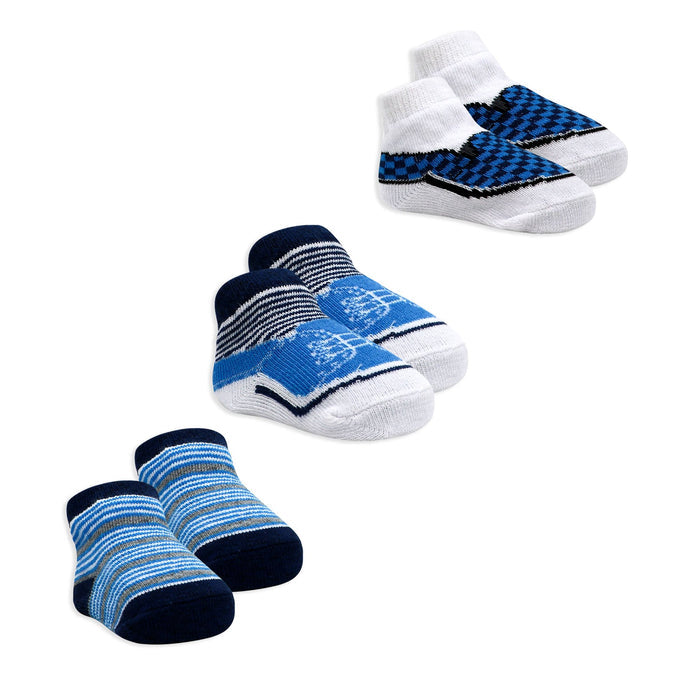 Blue Baby Crew Socks 3 Pairs – Checks & Stripes (0–6 Months)