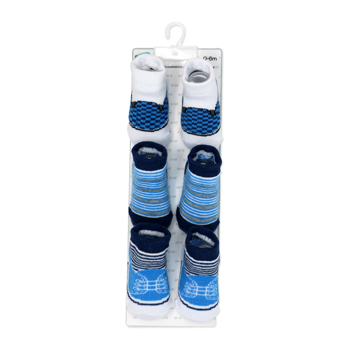 Blue Baby Crew Socks 3 Pairs – Checks & Stripes (0–6 Months)