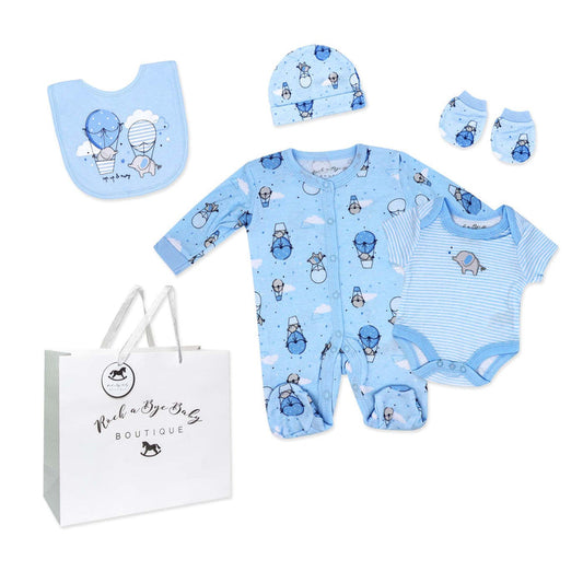 Blue Balloon 5 Piece Baby Layette Gift Set – 100% Cotton