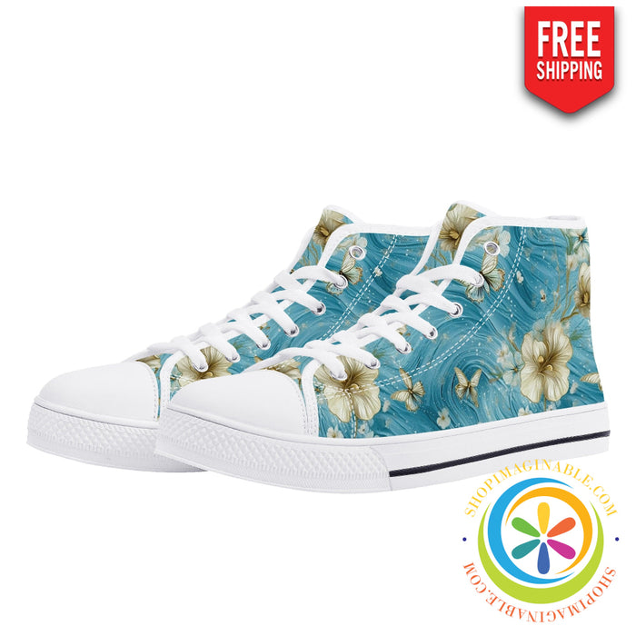 Blue Butterfly Floral Ladies High Top Canvas Shoes-ShopImaginable.com