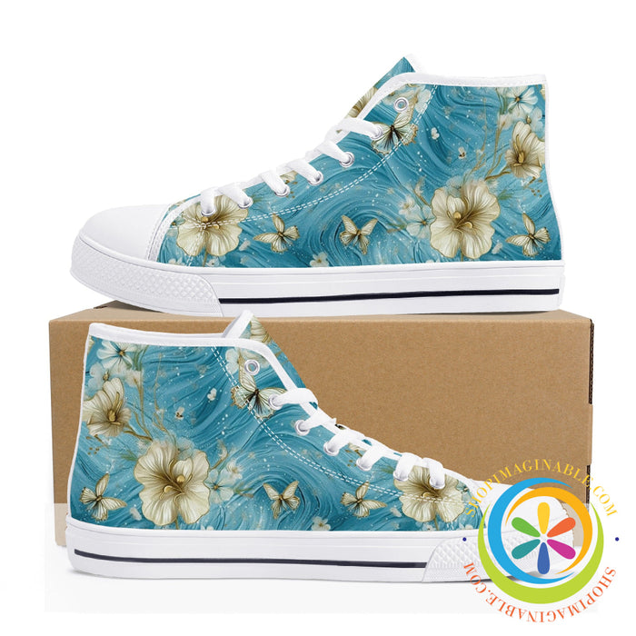 Blue Butterfly Floral Ladies High Top Canvas Shoes-ShopImaginable.com