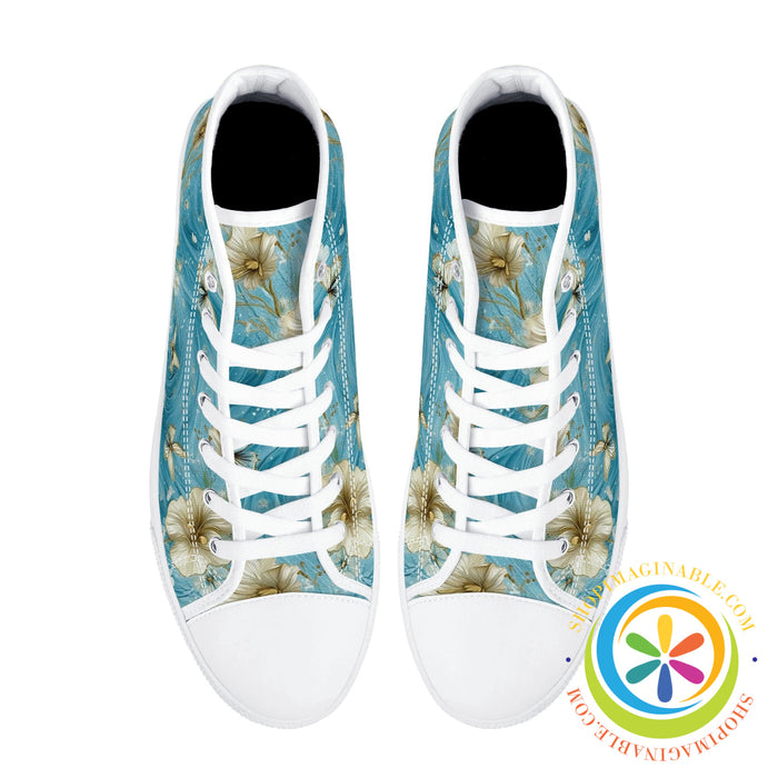 Blue Butterfly Floral Ladies High Top Canvas Shoes-ShopImaginable.com