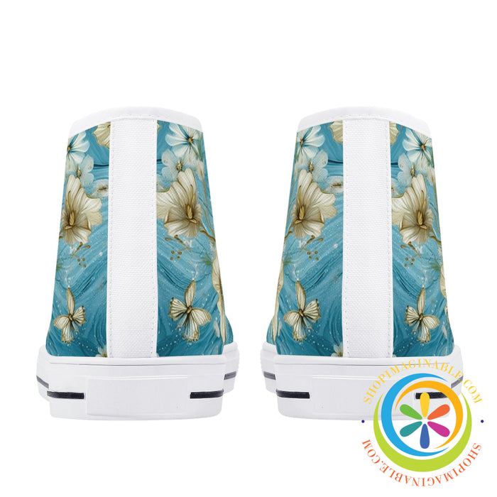 Blue Butterfly Floral Ladies High Top Canvas Shoes-ShopImaginable.com
