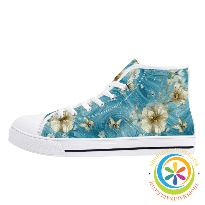 Blue Butterfly Floral Ladies High Top Canvas Shoes-ShopImaginable.com